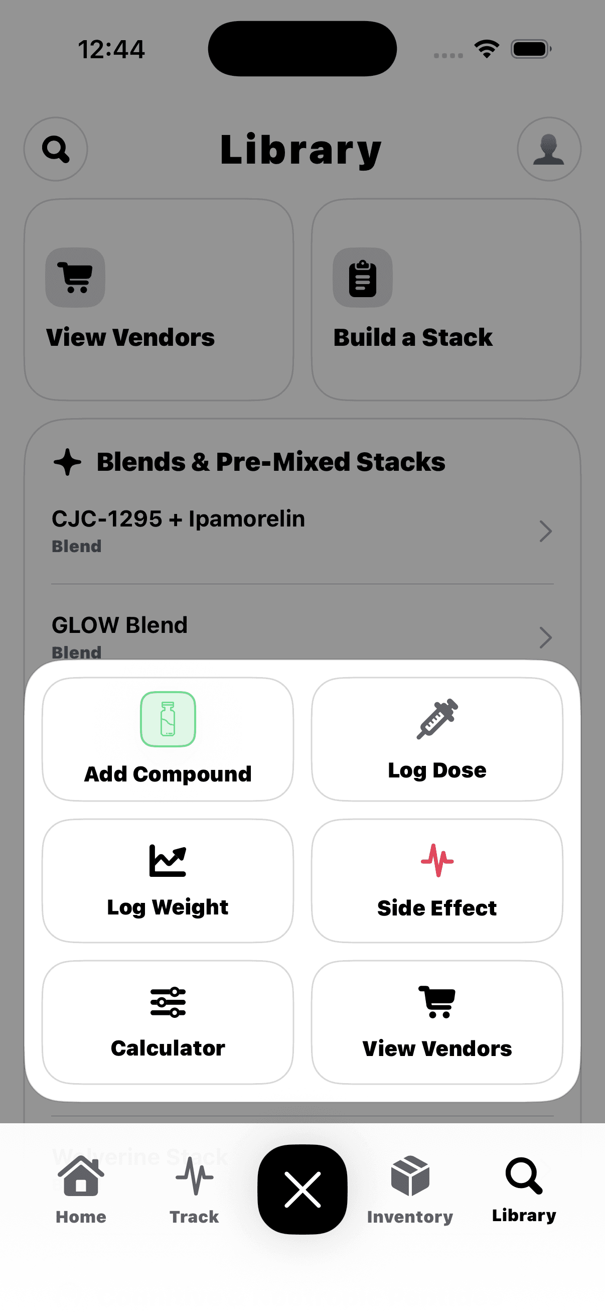 AMINOS quick-add action menu